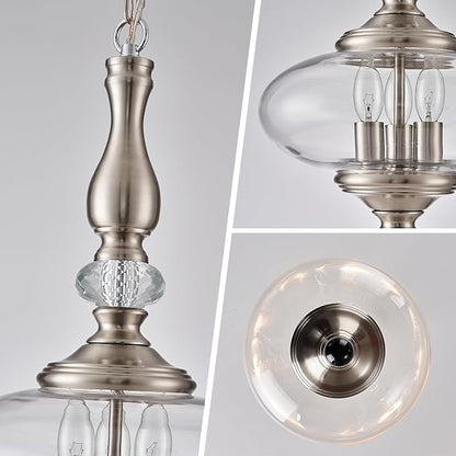 Brushed Nickel Pendant Light 11.8'' Wide 23.6'' High Modern Glass Pendant Light for Dining Room, Kitchen Island Adjustable Height