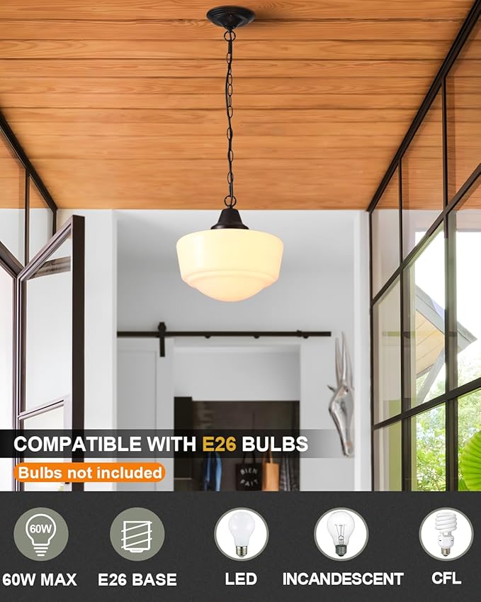 Schoolhouse Pendant Fixture, 12 Inch Black Finish with Milk Glass Adjustable Mid Century Ceiling Pendant Lighting, Pendant Light Fixtures for Kitchen Hallway Entrywa Dining Room…