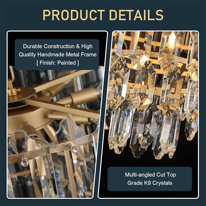 Gold Crystal Chandelier 24" 12 Lights K9 Crystal Modern Chandelier 6-Tier Luxury Pendant Lighting for Living Room Dining Room Bedroom Foyer Entryway, E12