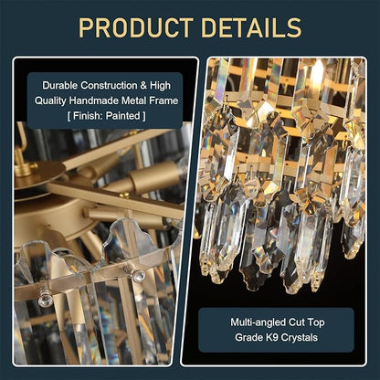 Gold Crystal Chandelier 24" 12 Lights K9 Crystal Modern Chandelier 6-Tier Luxury Pendant Lighting for Living Room Dining Room Bedroom Foyer Entryway, E12