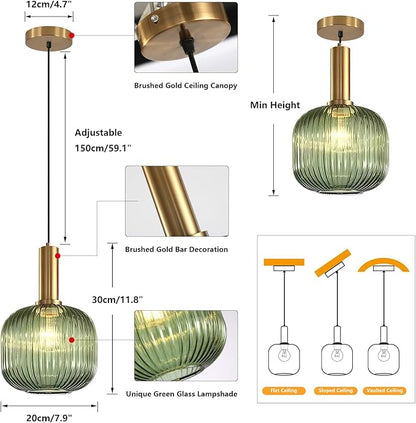 BOKT Mid Century Modern Green Glass Pendant Light Large Gold Globe Kitchen Island Pendant Light Fixture Minimalist Anti Brushed Brass Round Ceiling Hanging Pendant Lamp (7.9" Green)