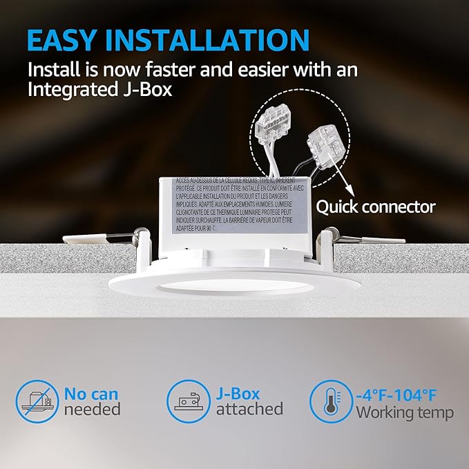 TORCHSTAR 4 Inch Integrated LED Recessed Ceiling Light with Junction Box, 9W Dimmable Downlight, 5000K Daylight, Airtight, UL & Energy Star Listed, Pack of 4