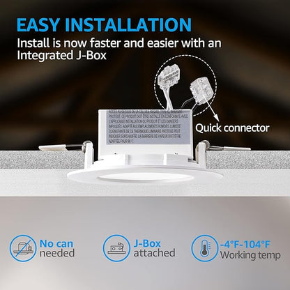 TORCHSTAR 4 Inch Integrated LED Recessed Ceiling Light with Junction Box, 9W Dimmable Downlight, 5000K Daylight, Airtight, UL & Energy Star Listed, Pack of 4