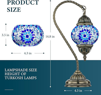 Marrakech Stained Glass Lamp Turkish Moroccan Table Lamp with Vintage Style, Handmade Tiffany Lamps with Mosaic Glass&Swan Neck Bronze Base Including LED Bulb for Living Room Bedroom Decor (Blue1)