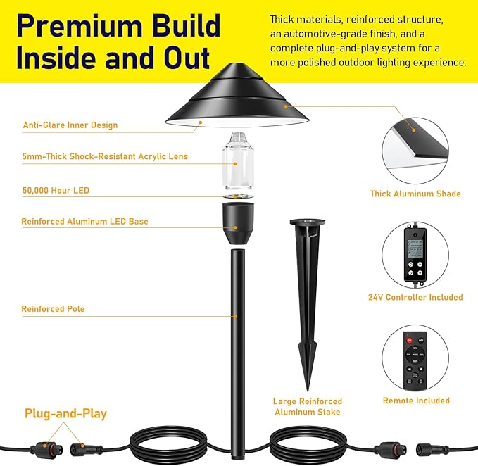 14-Light Low Voltage Landscape Lighting System, 12 Path Lights Kit+2 Spotlights, Aluminum, Plug-and-Play, IP65 Waterproof, Remote, Timer, 3000K Warm White, 140FT,72W 24V ETL Controller