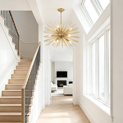 24" Modern Golden Sputnik Chandelier 9-Lights Mid-Century Modern Luxury Starburst Chandelier Gold Solid Metal Satellite Sputnik Chandeliers for Dining Room, Kitchen, Bedroom, Living Room