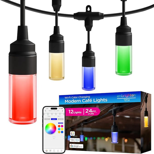 Enbrighten Vibe Modern Outdoor String Lights, 24ft, 12 RGBWIC Acrylic Bulbs, Weatherproof, Perfect for Gameday, Holidays, and More, Smart App Control, Compatible with Alexa, Google Home, 84014
