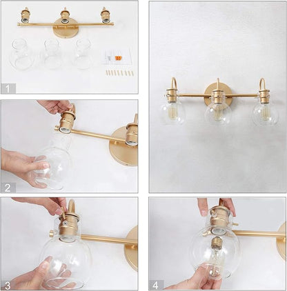 KSANA Gold Bathroom Light Fixtures, 3 Light Modern Vanity Lights Over Mirror with Globe Clear Glass Shades for Bedroom, Kitchen, Powder Room