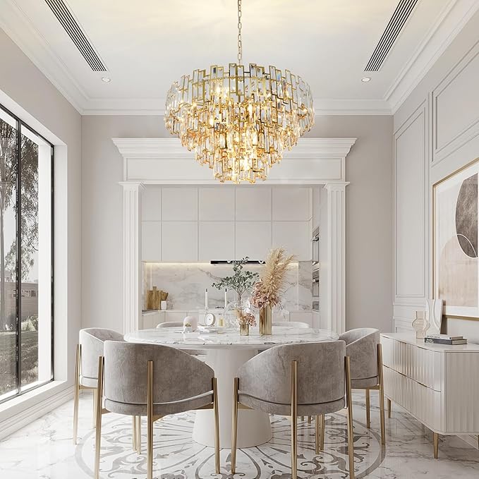W31.5 Modern Crystal Chandelier Gold Round Chandelier for Living Room 4-Tier Large Chandeliers for High Ceiling Foyer Entryway Light Fixture Hanging Contemporary Lighting 19-Light