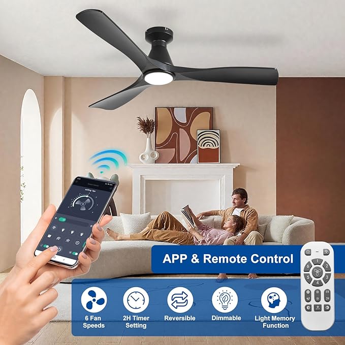 DLLT 52-Inch Ceiling Fans with Lights: Flush Mount Ceiling Fan 3 Blades for Indoor Outdoor - Black Ceiling Fan with Remote APP Control Noiseless for Low Profile Bedroom
