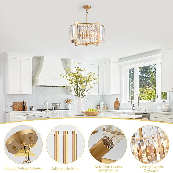 Modern Drum Crystal Chandelier for Dining Room, 20" Round Rustic 5-Light Gold Pendant Lightting Fixture for Living Room Kitchen Island Bedroom Hallway Foyer