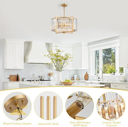 Modern Drum Crystal Chandelier for Dining Room, 20" Round Rustic 5-Light Gold Pendant Lightting Fixture for Living Room Kitchen Island Bedroom Hallway Foyer