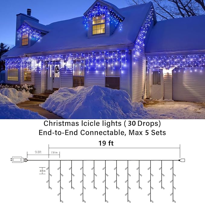 Joomer Christmas Icicle Lights - 19FT Outdoor String Lights Waterproof, 8 Modes Timer Connectable Plug-in String Light for Christmas Party, Eaves, Roofs, Xmas Decorations (White+Blue)