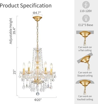 WUZUPS Crystal 5-Light Candle Chandelier Pendant Flushmount Ceiling Light Modern Lighting Fixture for Bedroom Hallway Bar Kitchen Bathroom, H 25" x W 20", Gold, E12 Base