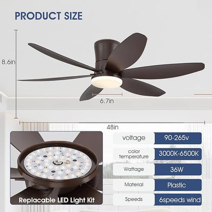 Surtime 48In Ceiling Fans with Light and Remote/APP Control, 6-Blade Reversible Motor Ceiling Fan, 3-Color Dimmable Lighting, All-Brown Finish