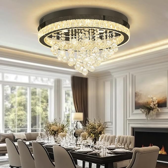Dia 24" Modern Crystal Chandeliers for Dining Room,Black Raindrop Chandelier Flush Mount Chandeliers for Living Room Bedrooms Dining Room Dimmable 2700k 4500k 6000k