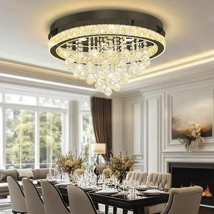 Dia 24" Modern Crystal Chandeliers for Dining Room,Black Raindrop Chandelier Flush Mount Chandeliers for Living Room Bedrooms Dining Room Dimmable 2700k 4500k 6000k