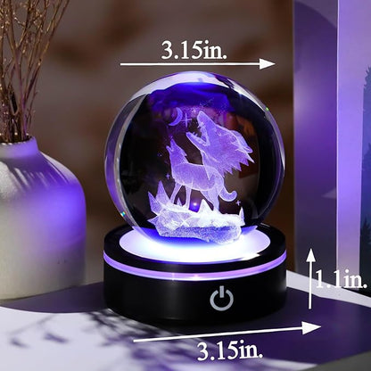 YWHL 3D Crystal Wolf Figurine Ball with Colorful Light Base, Laser Engraved Wolf Gifts for Women Men on Birthday Christmas, Glass Animal Collectible Sphere for Home Party Decor(80mm)
