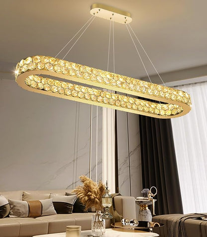 47'' Modern Oval Chandelier Crystal Chandeliers for Dining Room Round Ceiling Light Fixture for Living Room Lighting LED Dimmable with Remote Ring Lights Gold