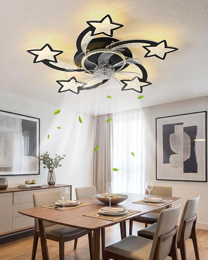 Yfrest Modern Ceiling Fan with Lights Remote Control, Black Star Ceiling Fan with Light APP Control, 6 Speeds 3 Light Color Low Profile Ceiling Fan for Kitchen Bedroom