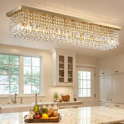 59-inch Modern Crystal Chandelier,13-Light K9 Crystal Rectangle Chandelier for Dining Room,Kitchen Island Adjustable Hanging Pendant Light Fixture,Gold Brass