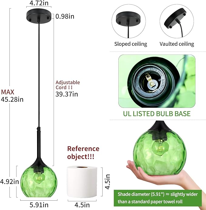 Glass Pendant Lights Kitchen Island: 5.91'' 1-Light Green Hammered Glass Pendant Light with Black Finish - Modern Minimalist Hanging Light Fixture for Kitchen Sink Dining Room - E26 Base