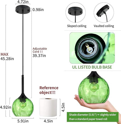 Glass Pendant Lights Kitchen Island: 5.91'' 1-Light Green Hammered Glass Pendant Light with Black Finish - Modern Minimalist Hanging Light Fixture for Kitchen Sink Dining Room - E26 Base