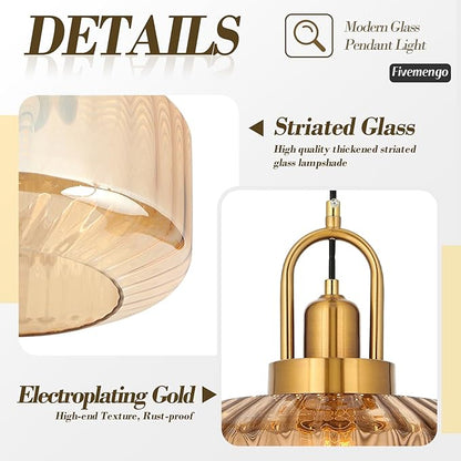 11.8in Mid Century Modern Amber Glass Pendant Light Fixture, Large Gold Kitchen Island Pendants Light Glass Ceiling Hanging Lamp for Foyer Dining Room Bedroom Entryway Hallway Over Sink