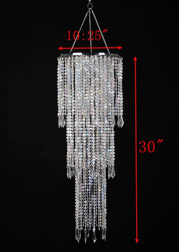 Sparkling Iridescent Acrylic Beaded Hanging Chandelier, 3 Tiers, 10.25" Diameter x 30" Tall, Indoor, Iridescent