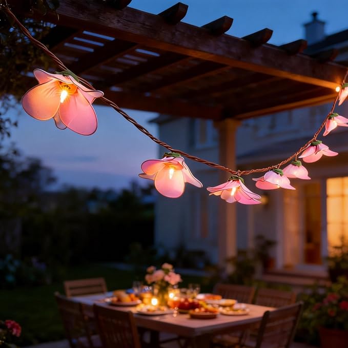 Flower String Lights Plug in with 10 LED Bulbs, Decorative Spring String Lights Indoor for Bedroom, Connectable Flower Fairy Lights Outdoor for Patio Garden Porch Floral Wedding Gifts(Pink Orchid)
