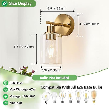 Zarbitta Set of 2 Wall Sconces for Bathroom, Brushed Gold Modern Vanity Lights with Clear Glass Shade,Bathroom Wall Lamp for Mirror Kitchen Living Room Hallway Cabinet Porch