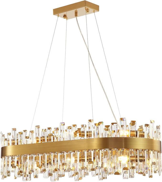Modern Crystal Chandelier, 16-Light Rectangular Gold Crystal Chandelier for Dining Room, Luxury Oval 2-Tiers K9 Crystal Flush Mount Pendant Ceiling Light for Living Room Kitchen Island L35.4''