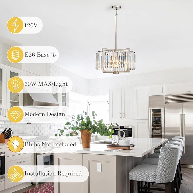 Crystal Dining Room Chandelier Light Fixture Modern Round Brushed Nickel Chandeliers for Kitchen Hallway Bedroom Foyer Living Room 5-Light 20 Inch Farmhouse Adjustable Height Hanging Light