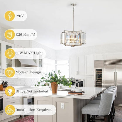 Crystal Dining Room Chandelier Light Fixture Modern Round Brushed Nickel Chandeliers for Kitchen Hallway Bedroom Foyer Living Room 5-Light 20 Inch Farmhouse Adjustable Height Hanging Light