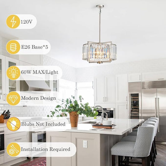 Crystal Dining Room Chandelier Light Fixture Modern Round Brushed Nickel Chandeliers for Kitchen Hallway Bedroom Foyer Living Room 5-Light 20 Inch Farmhouse Adjustable Height Hanging Light