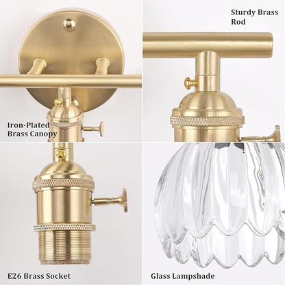 Shenmoyl Bathroom Light Fixtures, 3-Light Brass Vanity wall Light Over Mirror with Clear Tulip Glass Shade for Bedroom Living Room (Bulb Not Included)