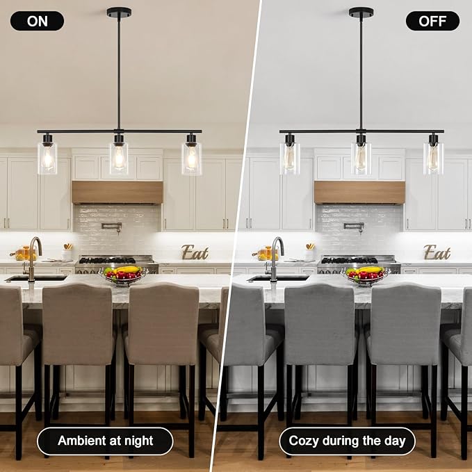3-Light Kitchen Island Lighting, Farmhouse Dining Room Light Fixtures Over Table, Modern Brushed Nickel Island Lights Over Island, Linear Chandelier Hanging Ceiling Pendant Light Fixtures for Kitchen