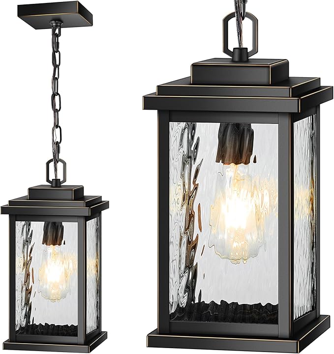 VIANIS Large Exterior Pendant Lights with Adjustable Wire, Matte Black Pendant Light with Water Glass, Pendant Light Fixtures Suiting for Sloped Ceiling, Outdoor Ceiling Lights for Porch