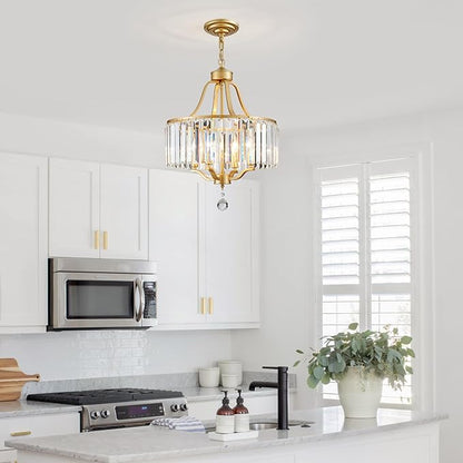 Gold Crystal Chandeliers for Dining Room, 4-Light Modern Round Chandeliers 15.7" for Living Room Kitchen Hallway Bedroom Foyer Hall, Adjustable Height Hanging Light Fixture