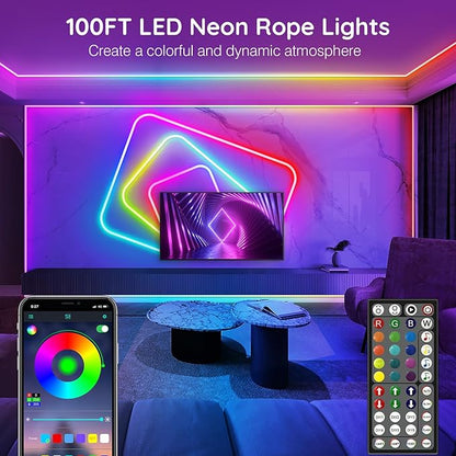 AILBTON 100Ft Neon Rope Lights,Flexible Led Rope Lights Control with App/Remote,Multiple Modes Music Sync Gaming RGB Led Neon Lights for Bedroom Outdoor