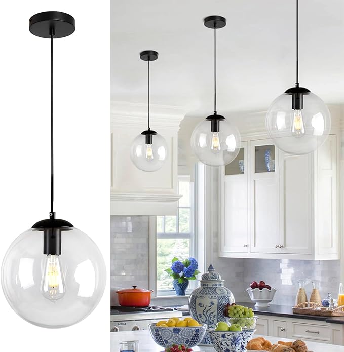 Modern Globe Pendant Light, 10" Mid Century Chandelier, Black Hanging Lights Fixtures with Clear Glass for Kitchen Island Dining Room Bedroom Hallway Foyer, Adjustable Height