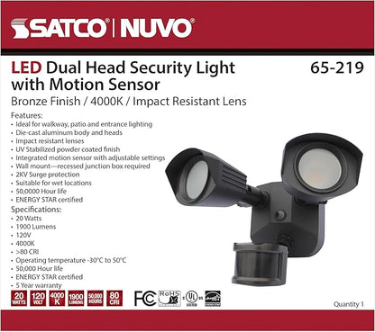 Nuvo 65/219 LED Dual-Head Security Light, 4000K, Motion Sensor, Bronze