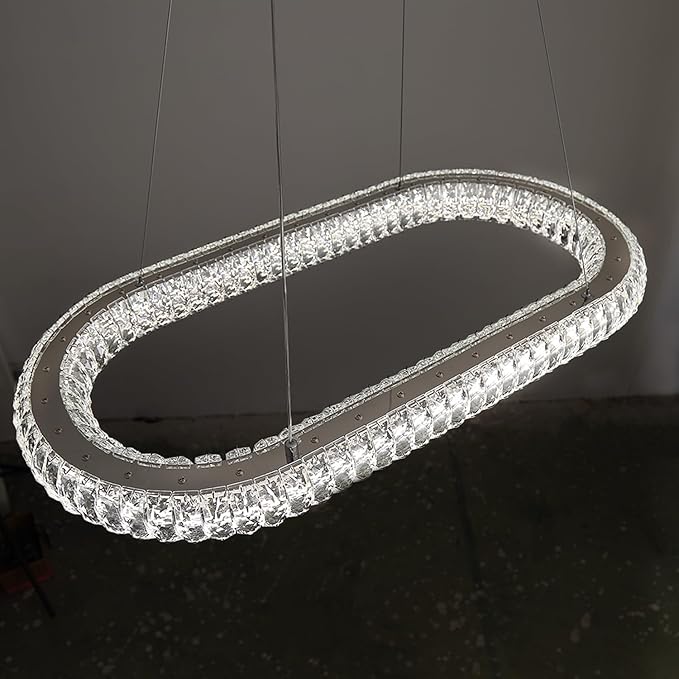 Crystal Ring Chandelier, 31.5'' Chrome Crystal Ring Pendant Light for Kitchen Island Modern Linear Oval Chandeliers for Dining Room Dimmable 3000K-6000K