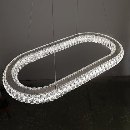 Crystal Ring Chandelier, 31.5'' Chrome Crystal Ring Pendant Light for Kitchen Island Modern Linear Oval Chandeliers for Dining Room Dimmable 3000K-6000K