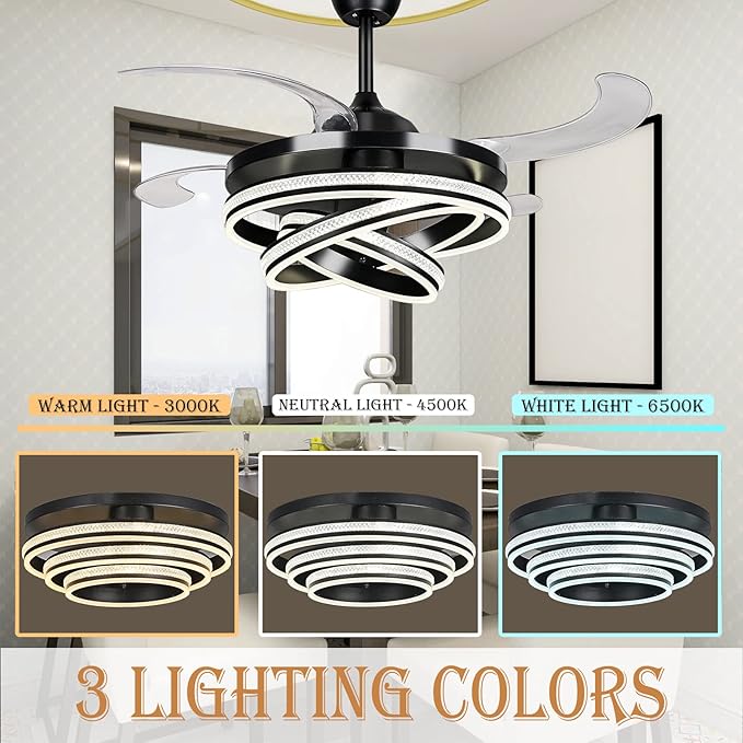 DatingDay 42" Invisible Ceiling Fan Chandelier Light,Modern Crystal DIY Ceiling Fan Light Remote Control 4 Retractable ABS Blades for Bedroom Living Dining Room Decoration (42", Black)