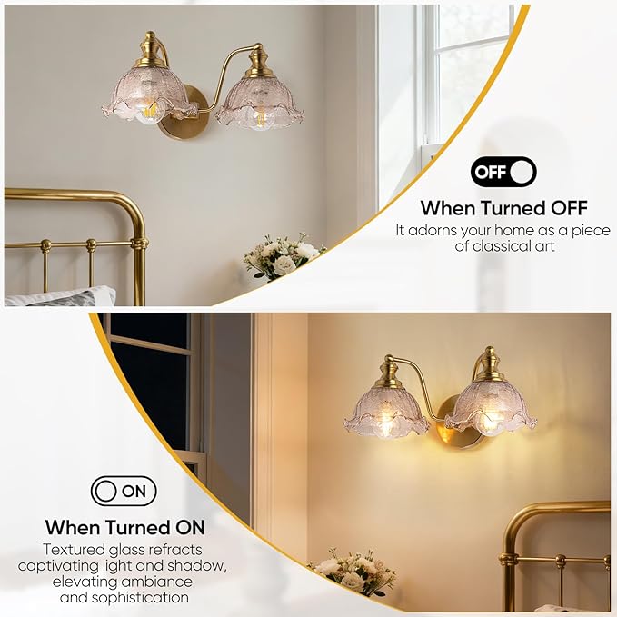 Bathroom Vanity Lights, 2 Light Bathroom Vanity Light with Floral Amber Glass Shades, Gold Vanity Light for Bedside Tables bathrooms vanities E26 (Bulb Not Included)