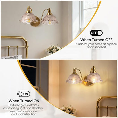 Bathroom Vanity Lights, 2 Light Bathroom Vanity Light with Floral Amber Glass Shades, Gold Vanity Light for Bedside Tables bathrooms vanities E26 (Bulb Not Included)