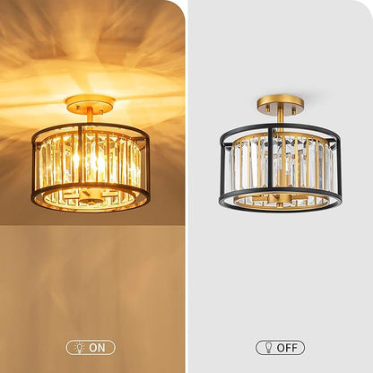 3-Light K9 Crystal Drum Ceiling Lights, Modern Style Semi-Flushmount Light Fixture for Dining Room, Living Room, D12 * H10 inch, Clear Crystal, Gold & Black Finish Frame