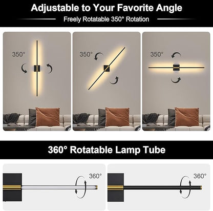 Battery Operated Wall Sconce Set of Two with Remote Control, 3000K-6000K Dimmable Black Gold Wall Lights, Timable LED Wireless Wall Sconces, 350° Ratate for Bathroom, Living Room, 39.4 Inch