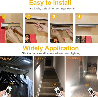 Remote Control Under Cabinet Lighting Wireless 6 Pack, 20-LED Dimmable Closet Lights Rechargeable Under Counter Light, Stick on Touch Night Light Strip Bar for Kitchen Stairway Bedroom, 3 Colors